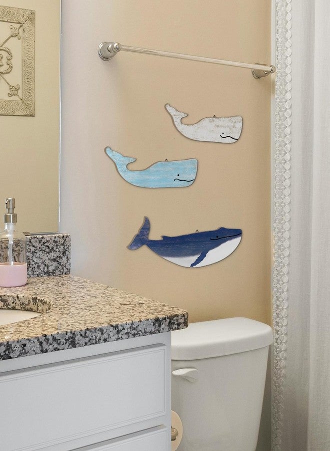 Putuo Decor Blue And White Whale Beach Wall Decor Wooden Nautical Decor Rustic Whale Wall Pediments Set 3 Piece Ocean Hanging Decor For Living Room Bedroom Bathroom - Image 5